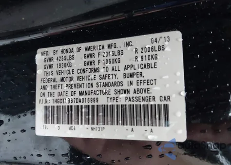 2013 Honda Accord Ex-L из США, поврежденный, VIN 1HGCT1B87DA016999